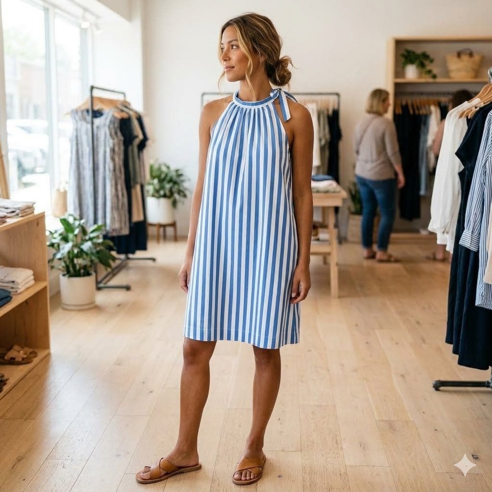 J.Crew Womens Blue White Striped Sleeveless Halter Neck Tie Shift Dress Size 6